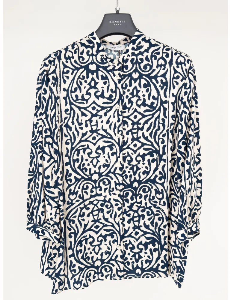 Milky white and blue batik print viscose silk shirt