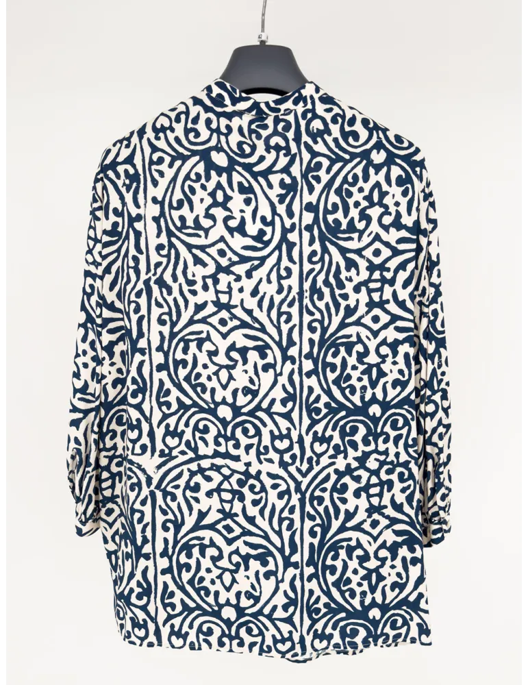 Milky white and blue batik print viscose silk shirt