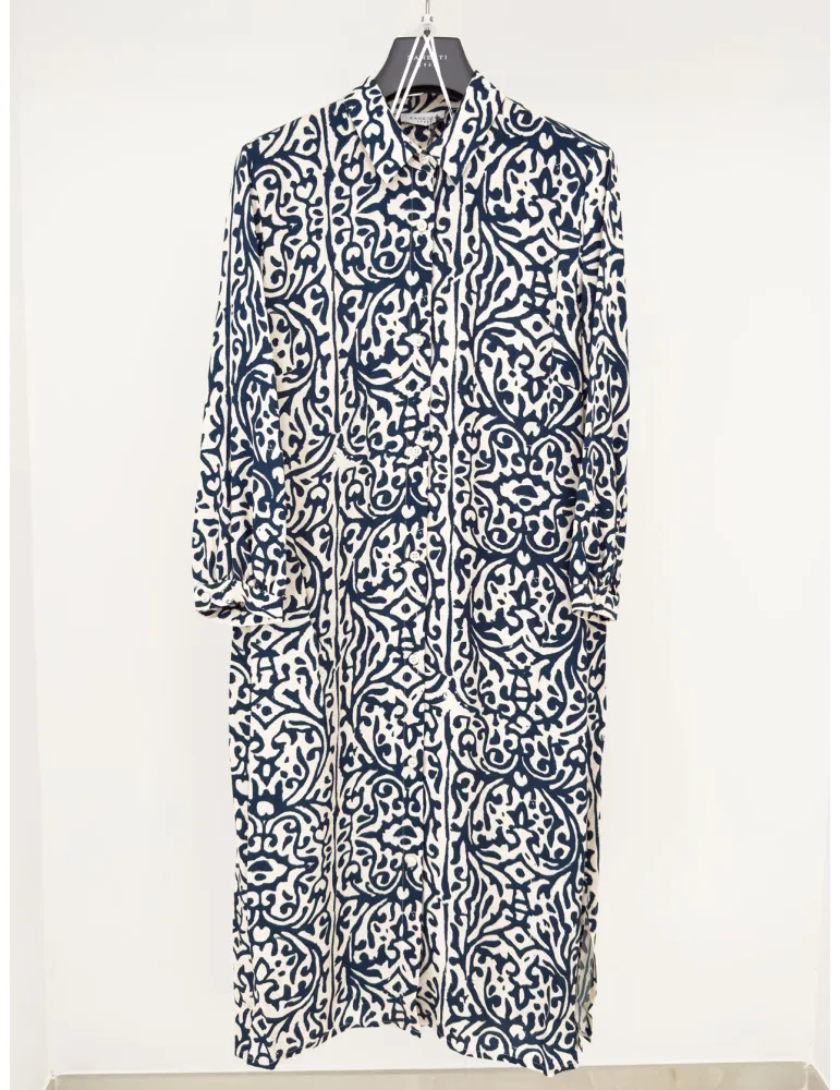 Milky white and blue batik print silk chemisier dress