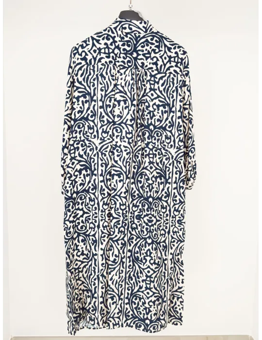 Milky white and blue batik print silk chemisier dress