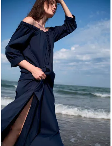 Zanetti Blue Cotton Off-Shoulder long Dress with Sleeves