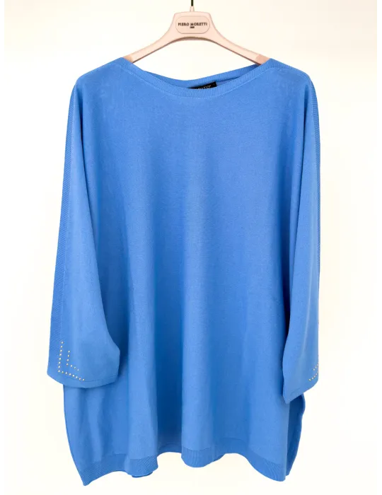 Volpato Light Blue Silk Maxi Pullover with Gold Stud Details