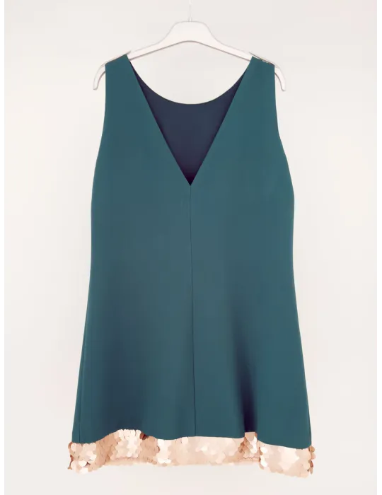 Mini Abito a trapezio verde con fascia di paillettes dorate | Casting