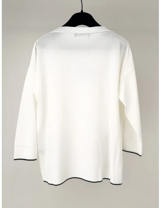 White Boxy Pullover with Black Trim – Volpato Italian Knitwear
