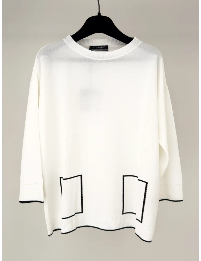 Maglia pullover bianco con profili neri fino alla taglia 56 - Volpato