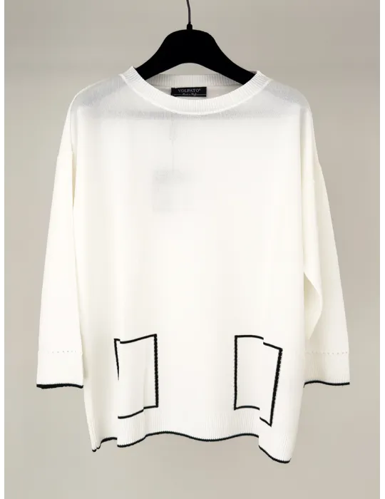 Maglia pullover bianco con profili neri fino alla taglia 56 - Volpato