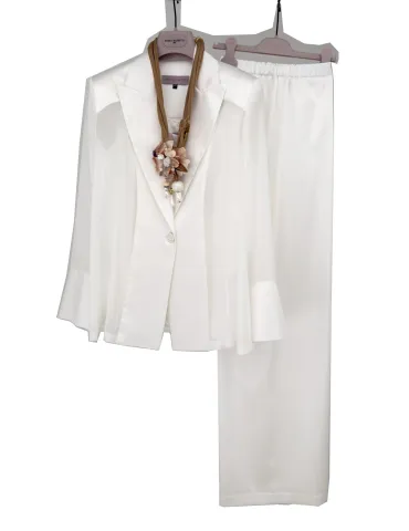 Tailleur cerimonia completo tre pezzi pantaloni in raso lucido bianco