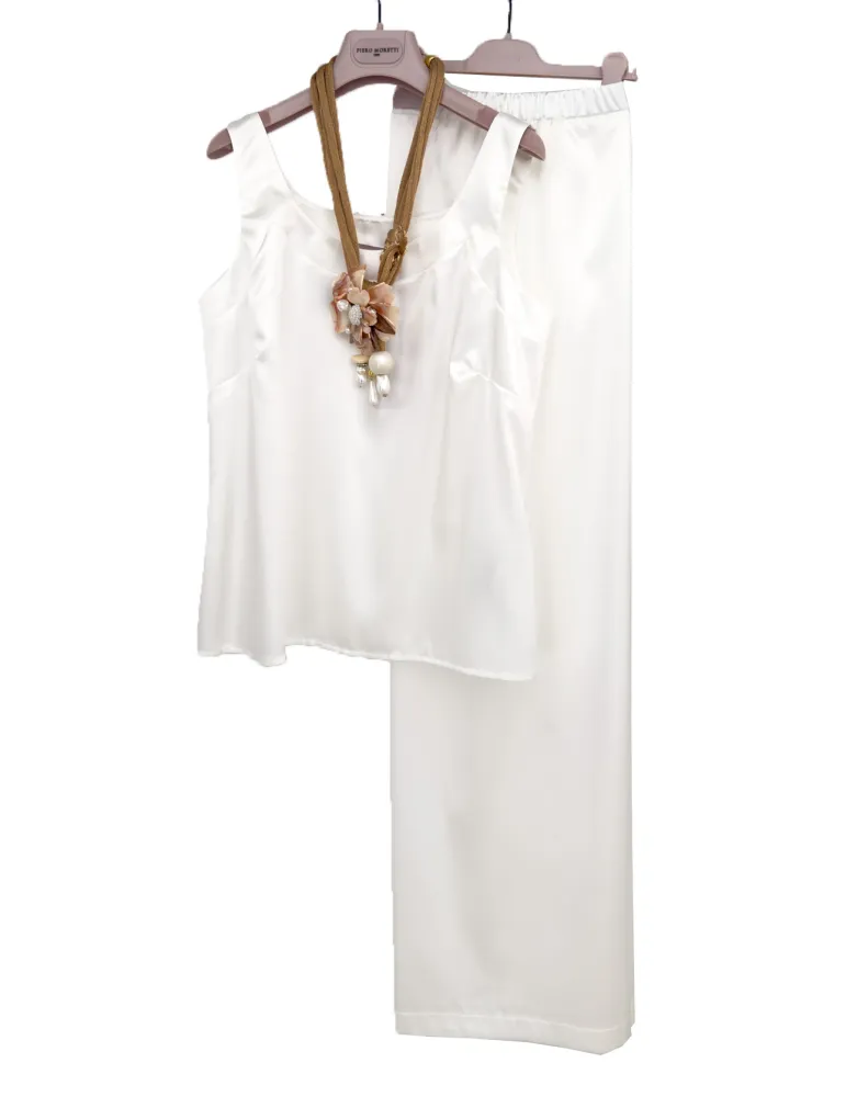 Tailleur cerimonia completo tre pezzi pantaloni in raso lucido bianco