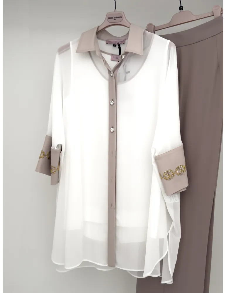 Piero Moretti White and beige shirt and top twinset with embroideries