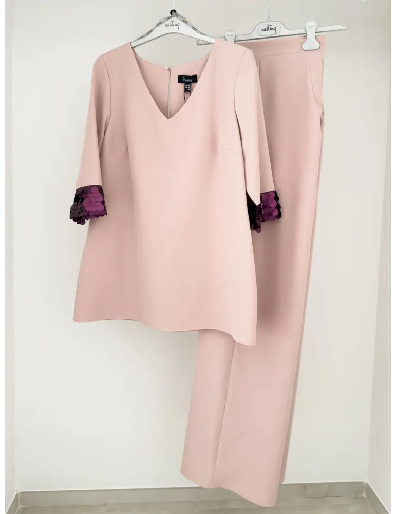 Powder Pink Cady Top and Trousers Set with Purple Sequins | Plus size