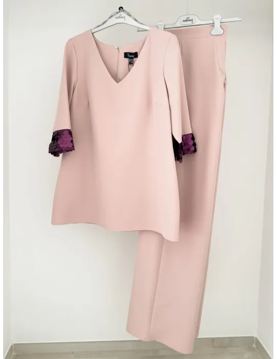 Powder Pink Cady Top and Trousers Set with Purple Sequins | Plus size