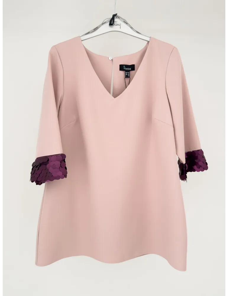 Powder Pink Cady Top and Trousers Set with Purple Sequins