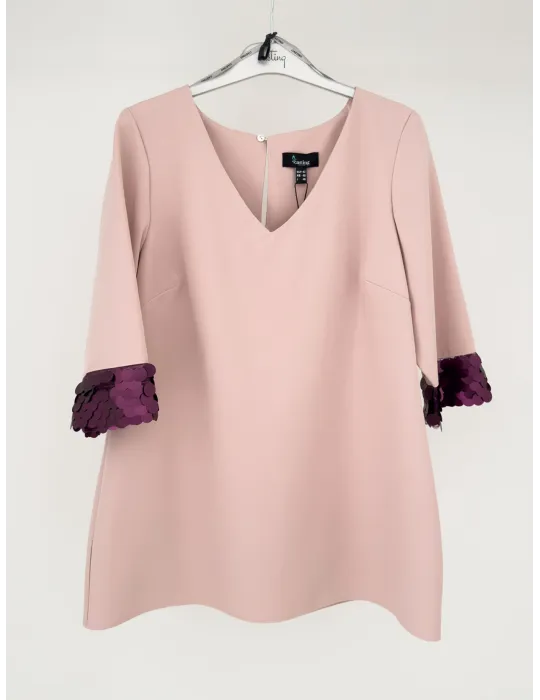 Powder Pink Cady Top and Trousers Set with Purple Sequins | Plus size