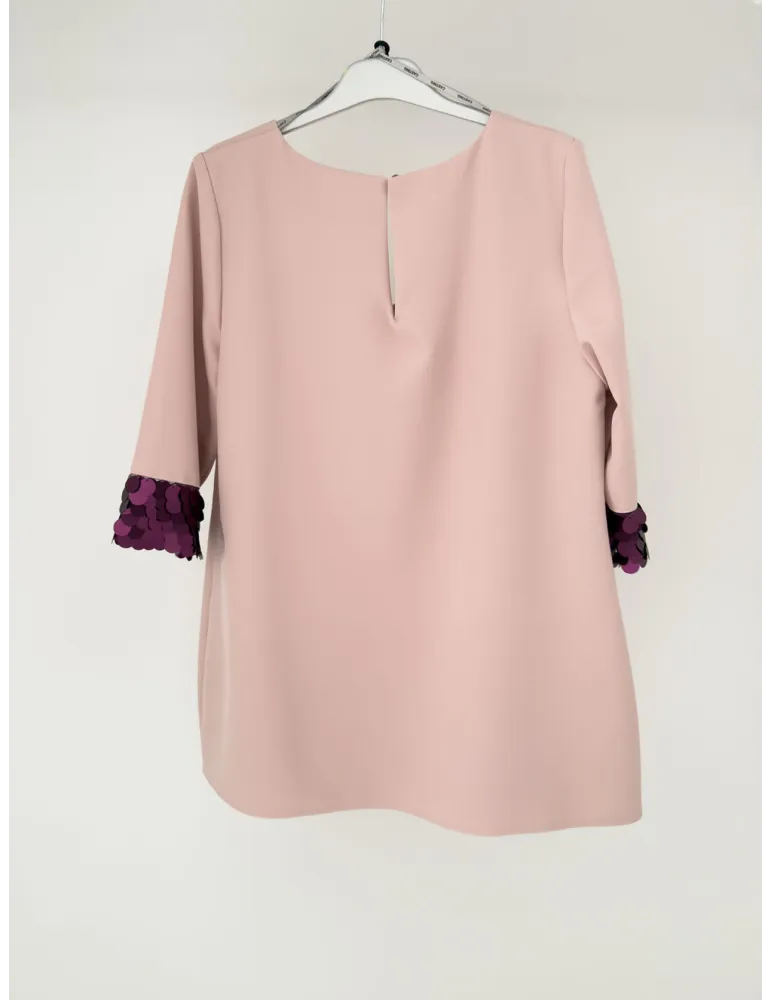 Powder Pink Cady Top and Trousers Set with Purple Sequins | Plus size