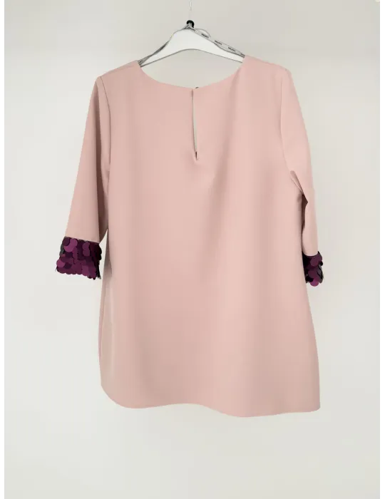 Powder Pink Cady Top and Trousers Set with Purple Sequins | Plus size