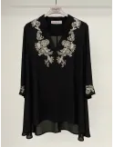 Black silk caftan blouse with golden rhinestones embroidery