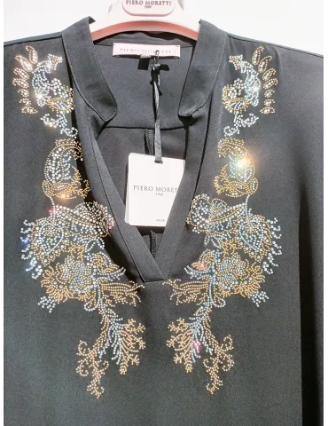 Piero Moretti 2026 | Black silk caftan blouse with golden rhinestones 2