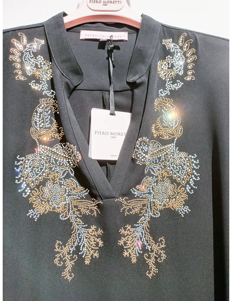 Piero Moretti | Blusa caftano nero con ricami orientali sull'oro