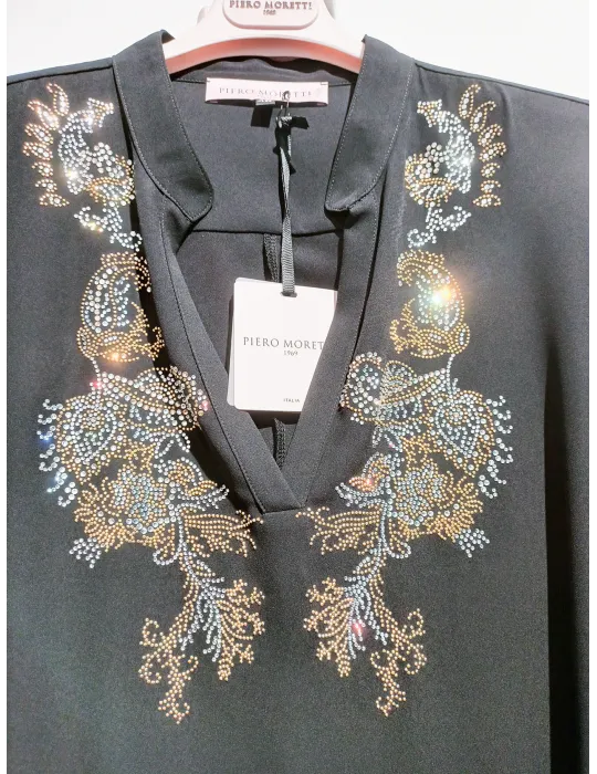 Piero Moretti 2026 | Black silk caftan blouse with golden rhinestones