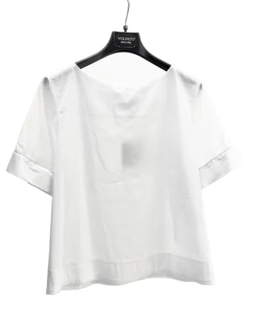 White cotton T-Shirt Blouse with Silver Piping Embroidery