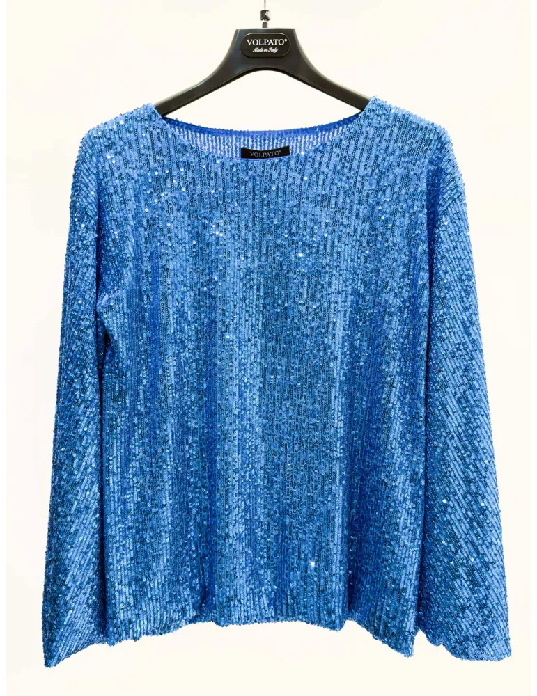 Blusa paillettes azzurre maniche tre quarti fino alla tg 56 | Volpato