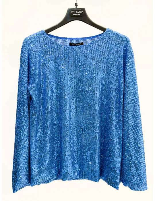 Blue Sequin Blouse with large Three-Quarter Sleeves