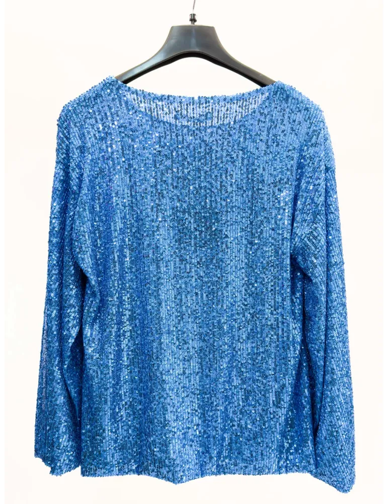 Blusa paillettes azzurre maniche tre quarti fino alla tg 56 | Volpato