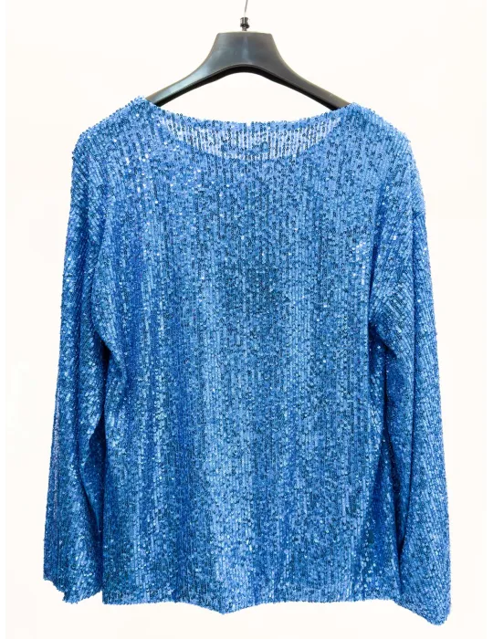 Blusa paillettes azzurre maniche tre quarti fino alla tg 56 | Volpato