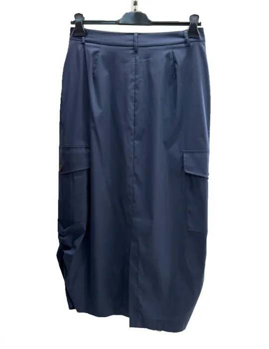 Long Blue Cotton Skirt with Cargo Pockets and Draped Detail