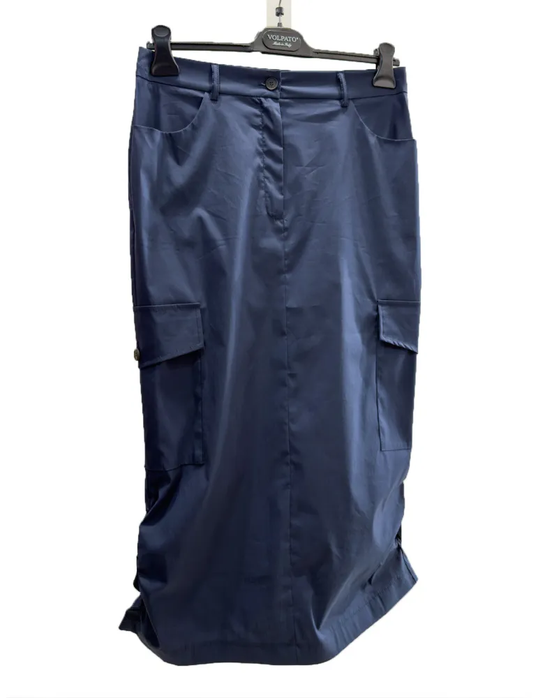 Long Blue Cotton Skirt with Cargo Pockets and Draped Detail