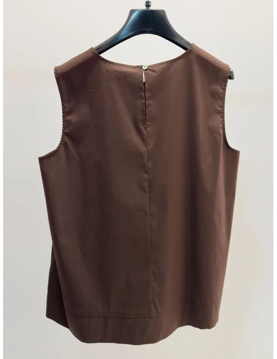 Volpato Cocoa brown cotton tank top with embroidery