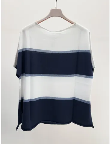 White and Blue Striped Kimono boxy Shirt with Lurex 2