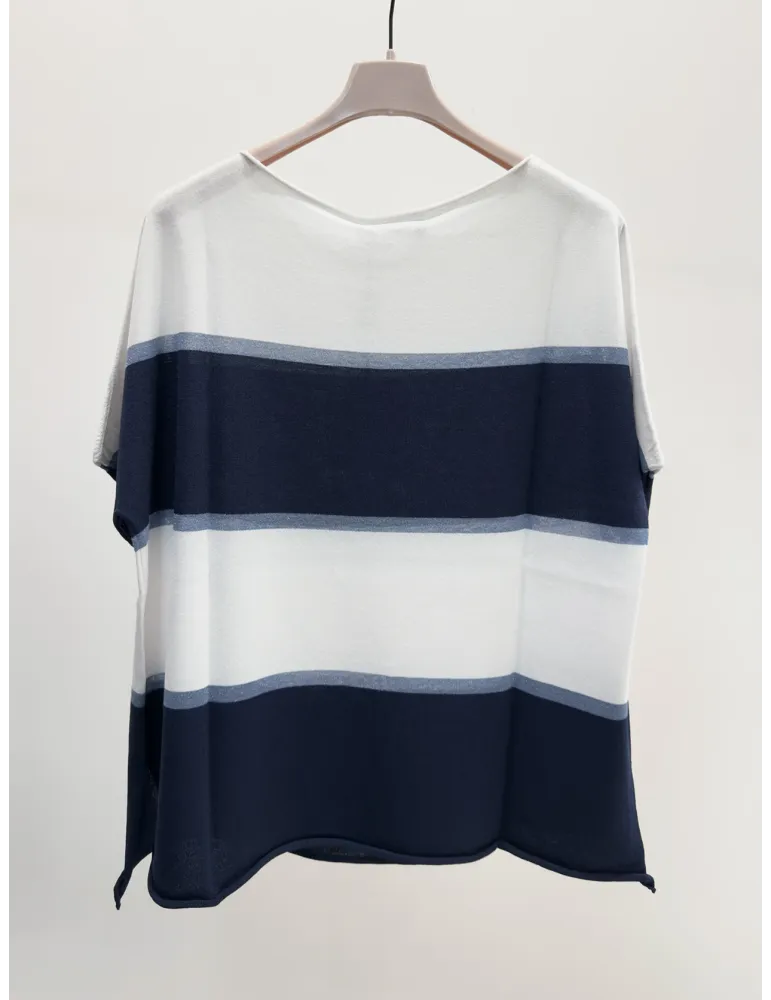 White and Blue Striped Kimono boxy Shirt with Lurex