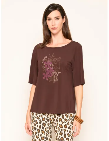 Cocoa Brown blouse with flowers and tiger Embroidery | Plus size