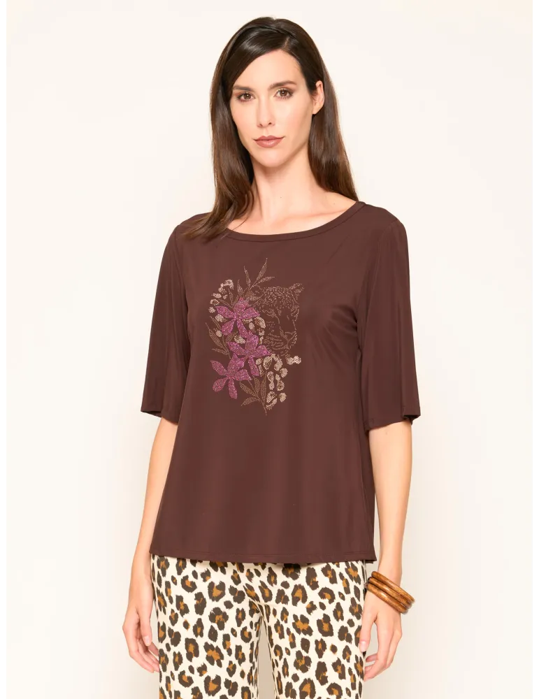 Cocoa Brown blouse with flowers and tiger Embroidery | Plus size