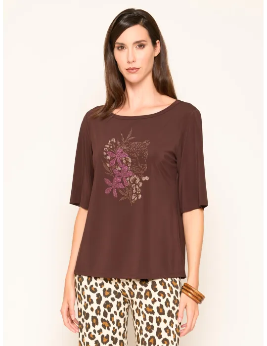 Cocoa Brown blouse with flowers and tiger Embroidery | Plus size