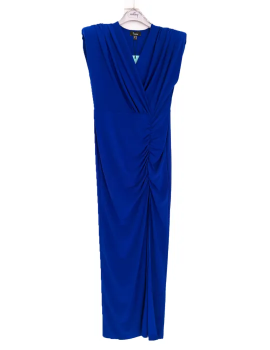 Blue Stretch Jersey long Dress with Side Slit and Straps