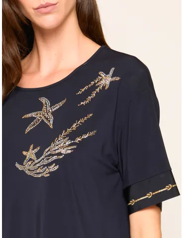 Navy blue long blouse Marine Embroidery and Crystal Details 2