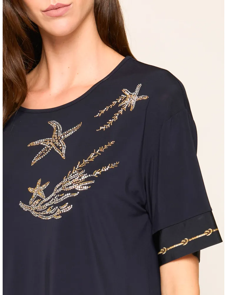 Navy blue long blouse Marine Embroidery and Crystal Details