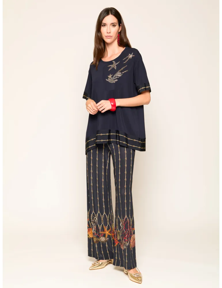 Navy blue long blouse Marine Embroidery and Crystal Details
