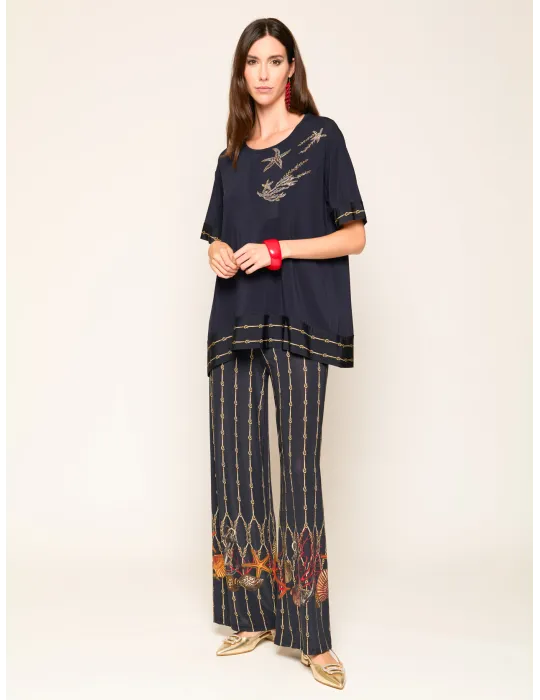 Navy blue long blouse Marine Embroidery and Crystal Details