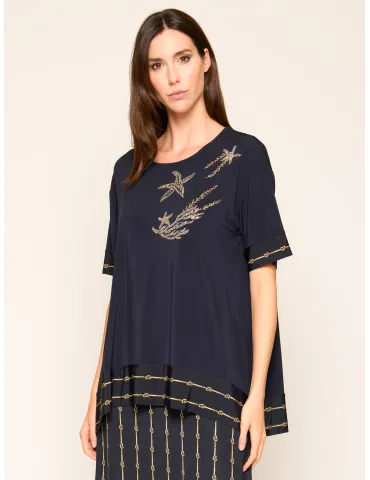 Francesca Mercuriali Blusa lunga blu trapezio con strass fino alla 60
