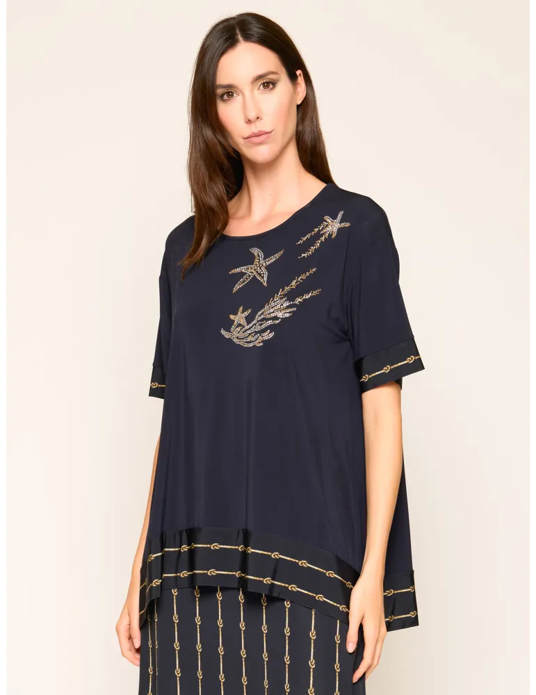 Navy blue long blouse Marine Embroidery and Crystal Details