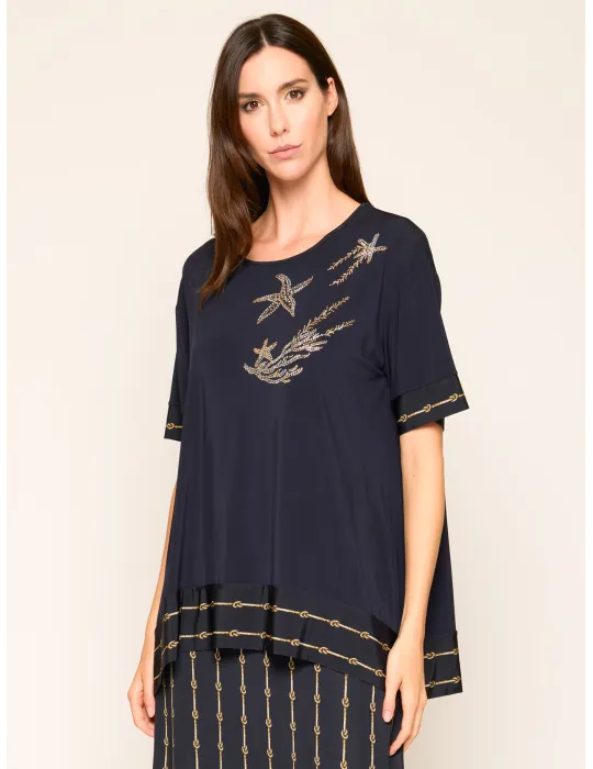 Navy blue long blouse Marine Embroidery and Crystal Details