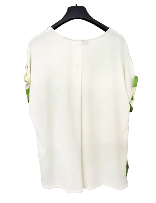 T-shirt viscosa bi materica con fiori sul verde e giallo Rubamori