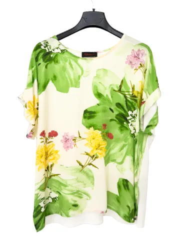 T-shirt viscosa bi materica con fiori sul verde e giallo Rubamori 2