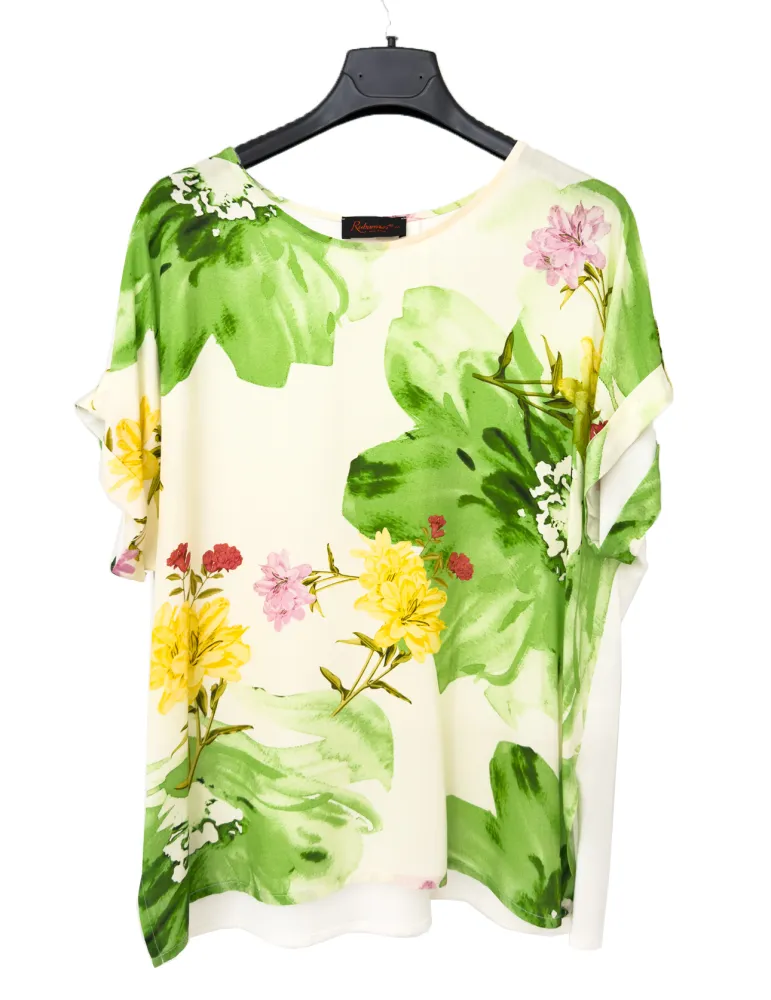 T-shirt viscosa bi materica con fiori sul verde e giallo Rubamori