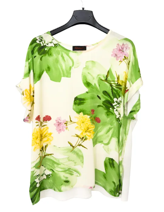 White Kimono t-shirt green and yellow floral printed - Rubamori