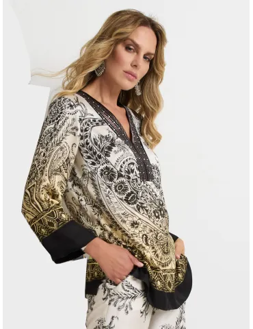 Paisley-pattern caftan-style tunic with embroidery
