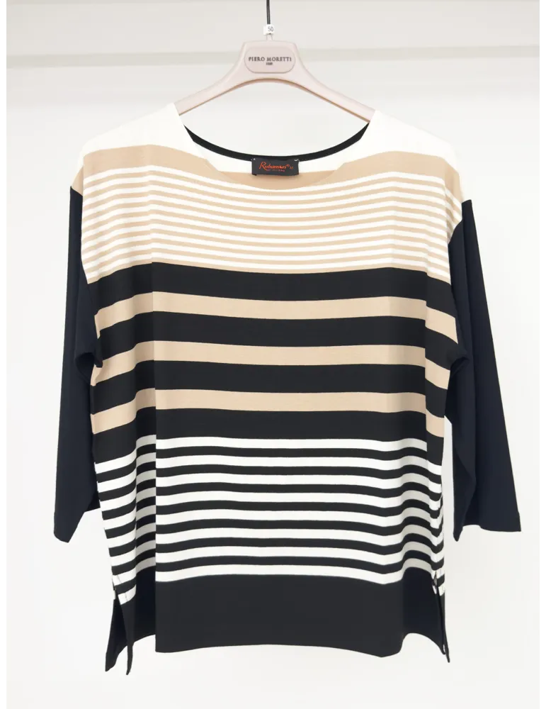 Black white and beige striped t-shirt three quarter sleeves